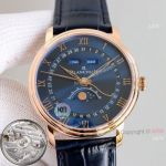 V2 Upgraded Replica Blancpain Moon Phase Rose Gold Watch Blue Dial Blue Leather Strap